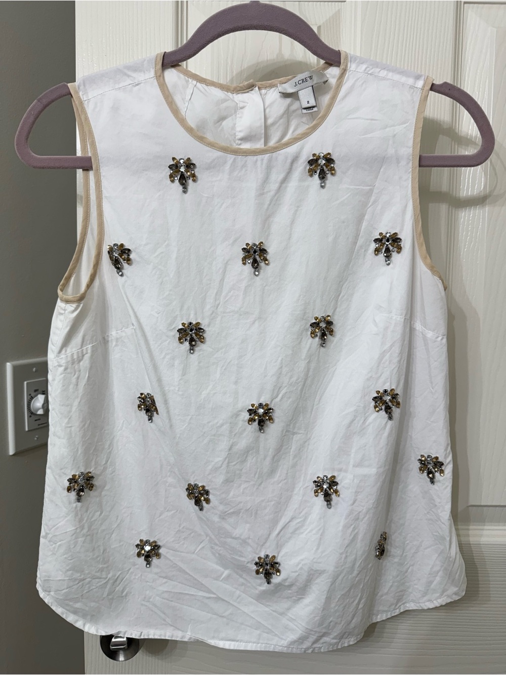 J. Crew White Beaded Sleeveless Shell with Beige Trim